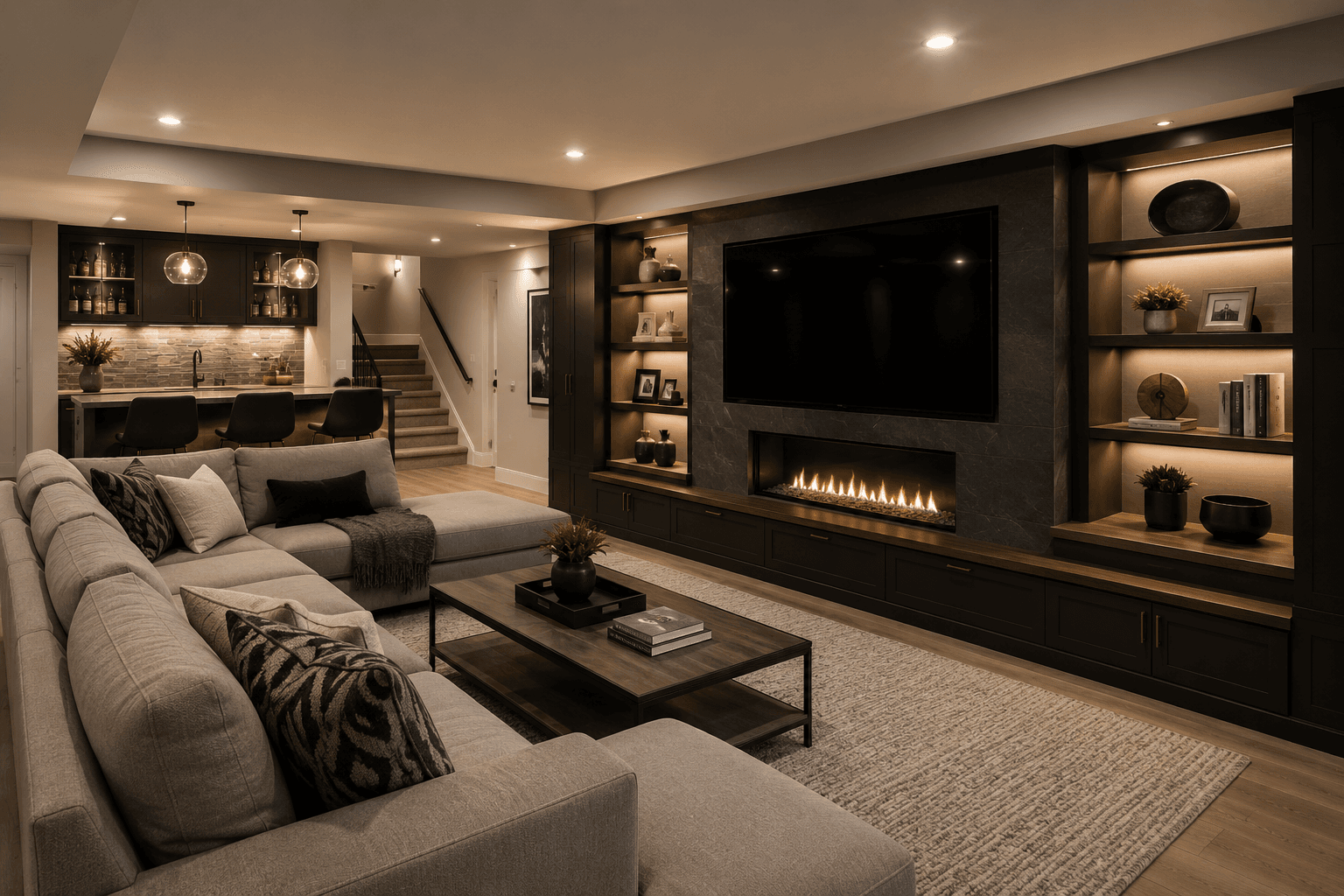 Finished basement renovation with media wall, fireplace, lounge seating, bar area, and built-ins
