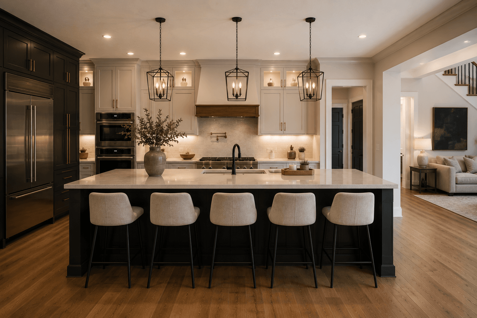 Finished open-concept kitchen renovation with large island, pendant lighting, and custom cabinetry