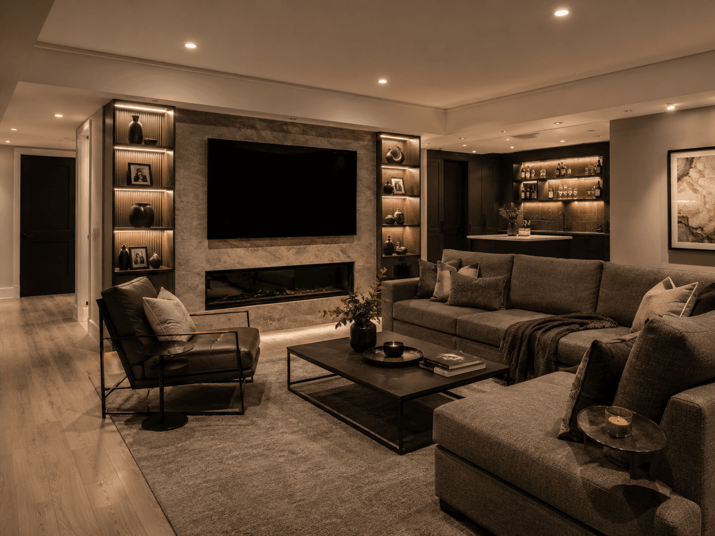 Finished basement lounge with media wall, fireplace, built-ins, and warm lighting