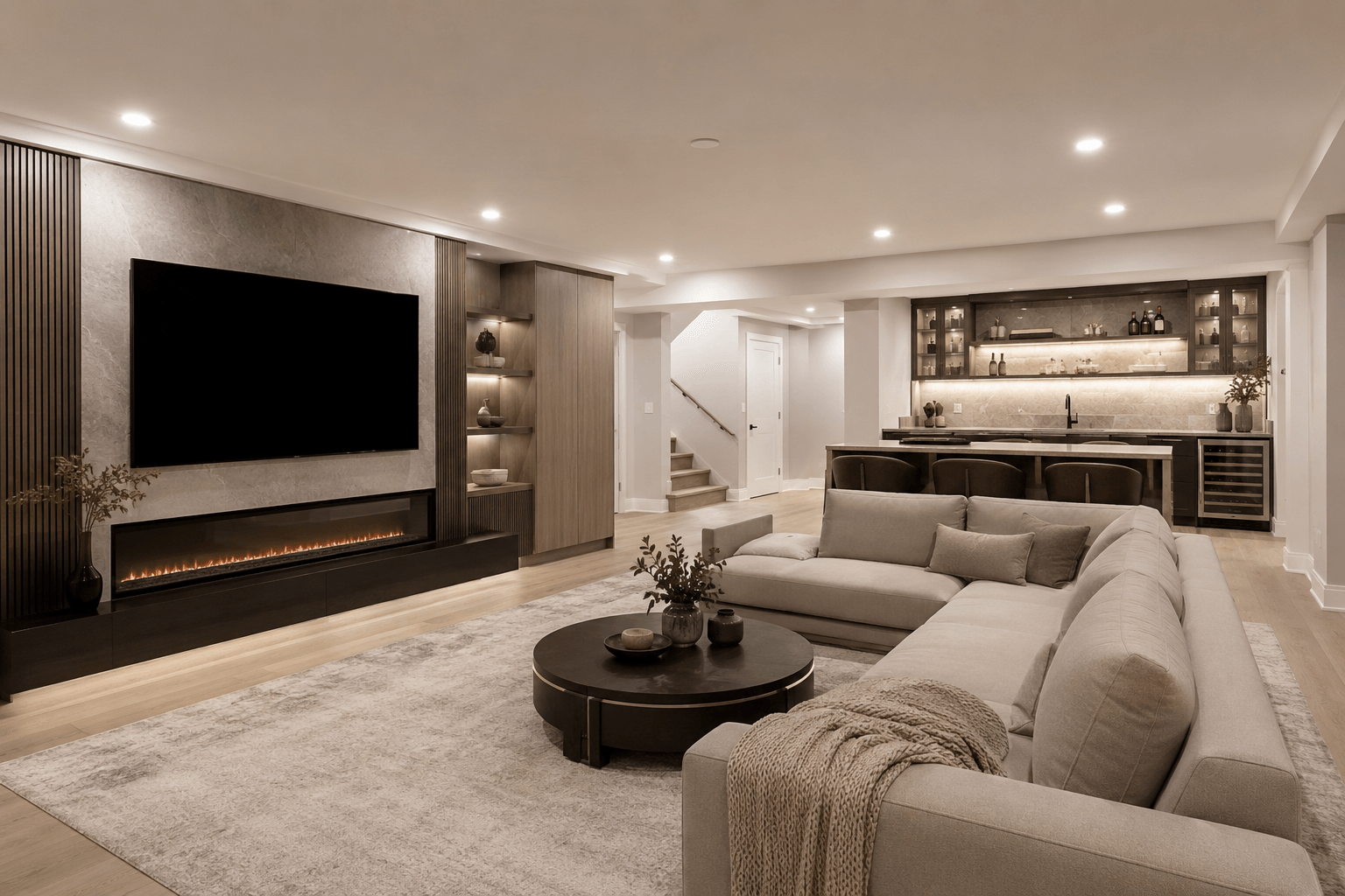 Light finished basement living space with media wall, seating area, and bar zone