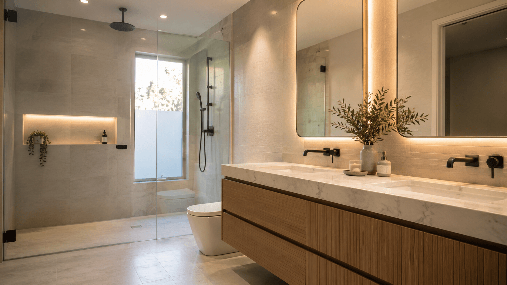 Finished bathroom with glass shower, double vanity, stone surfaces, and warm mirror lighting