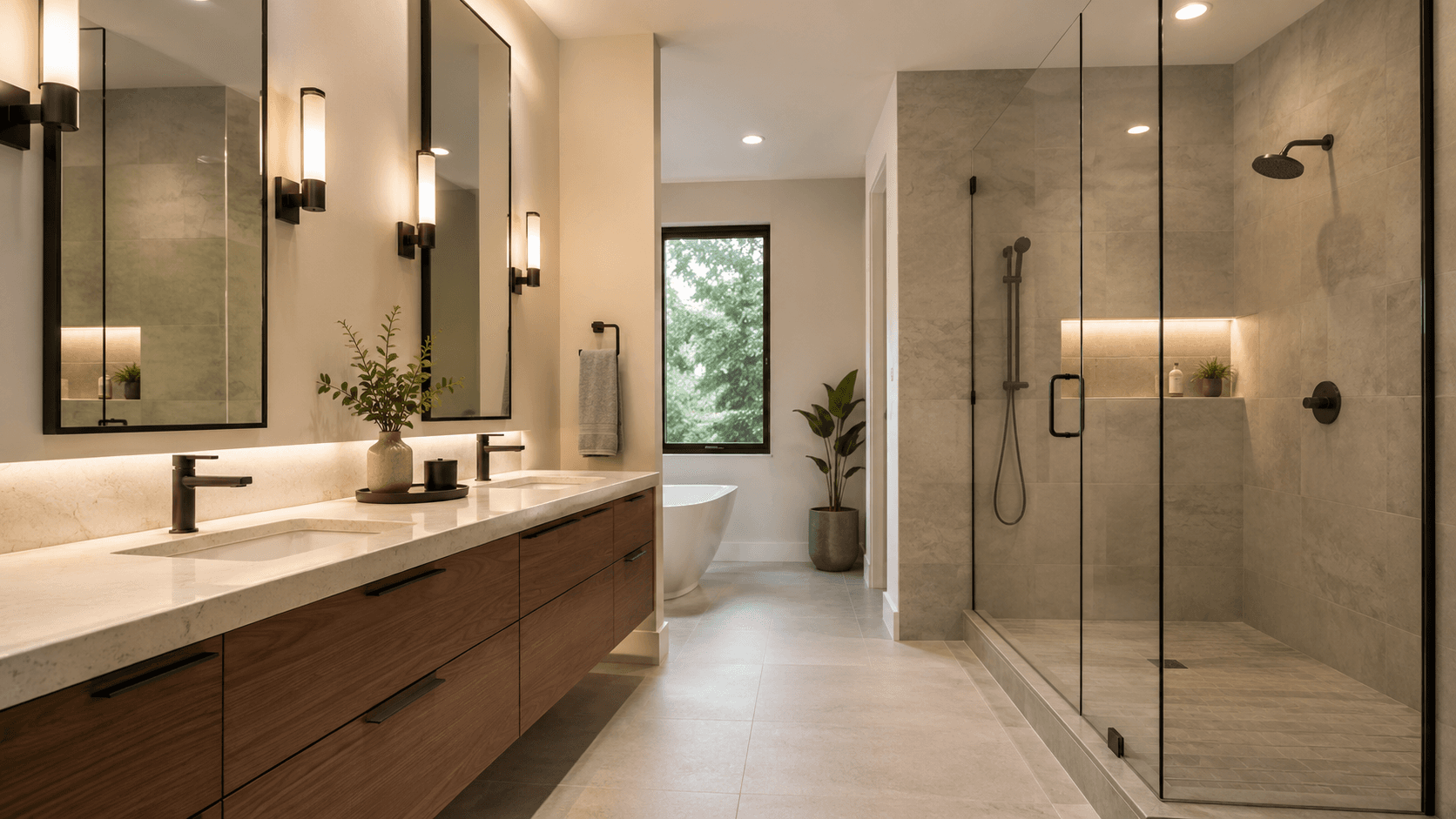 Bathroom renovation with double vanity, glass shower, stone tile, and warm lighting