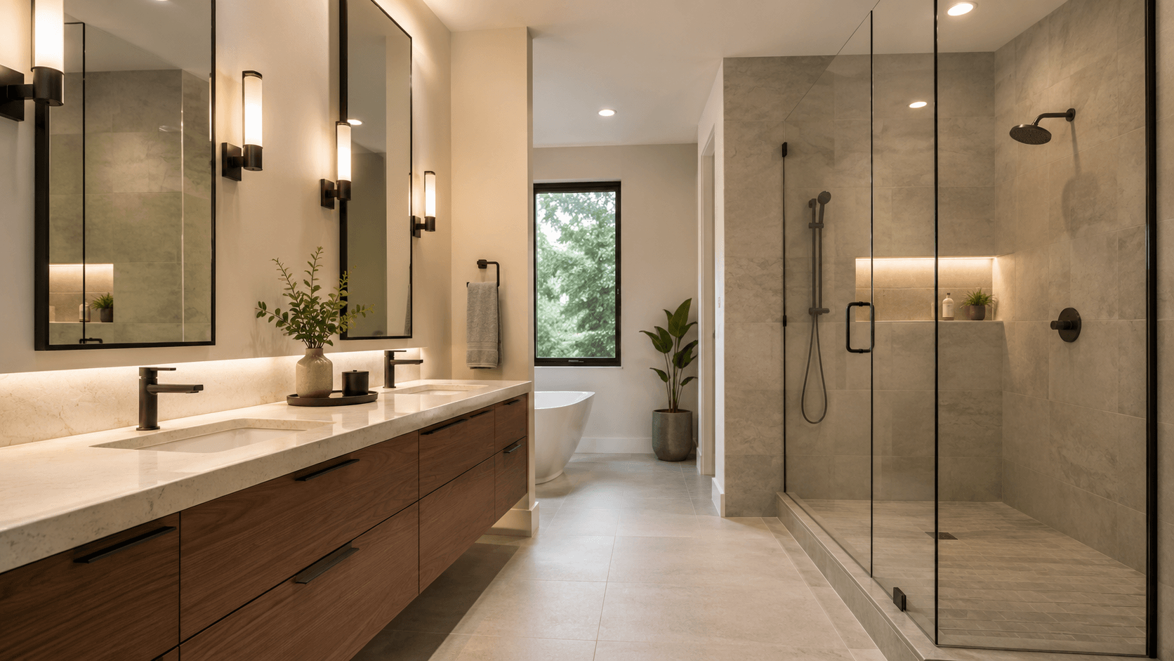 Bathroom renovation with double vanity, glass shower, stone tile, and warm lighting