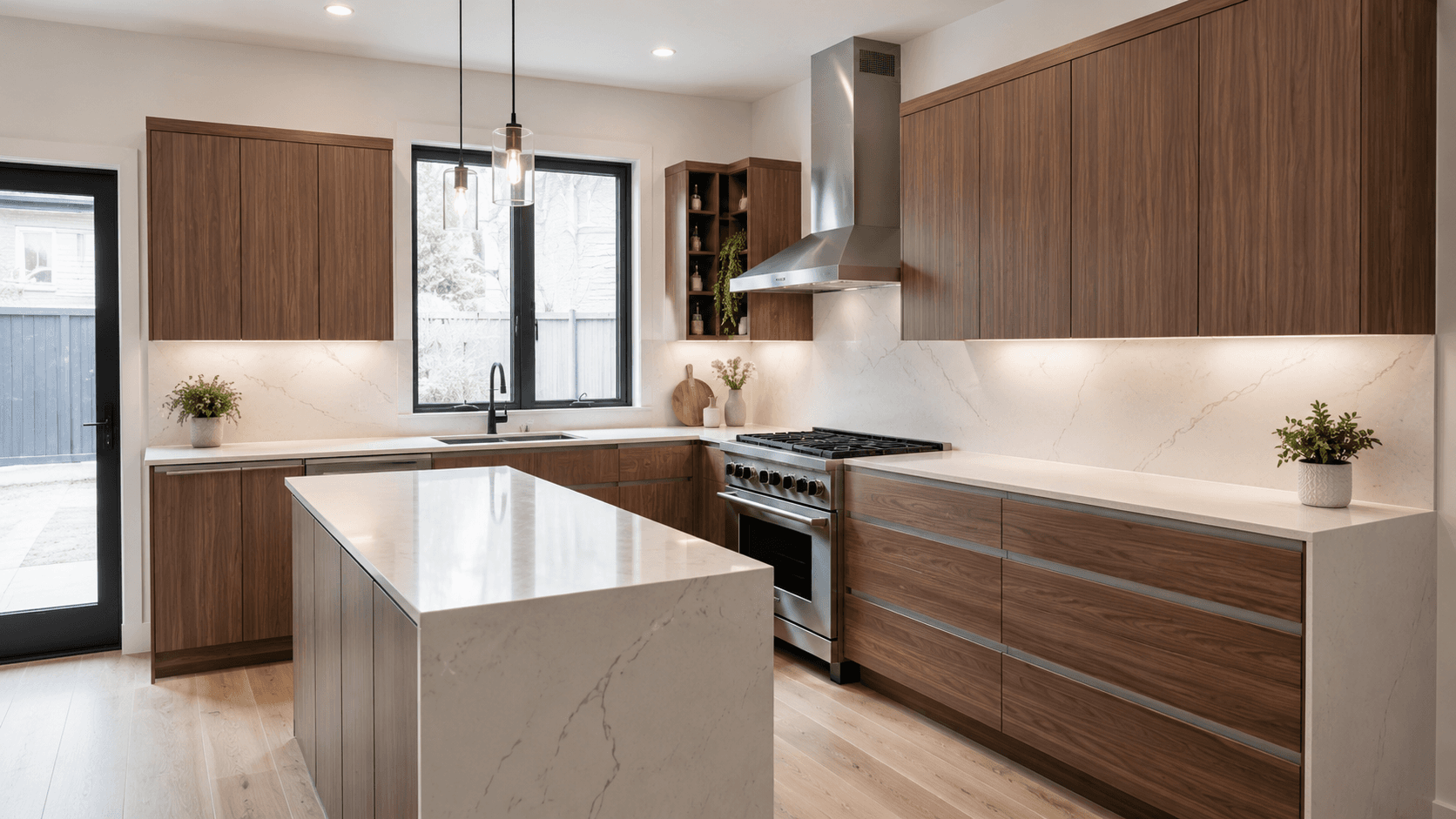 Finished kitchen after renovation with bright cabinetry, stone counters, island seating, and improved layout