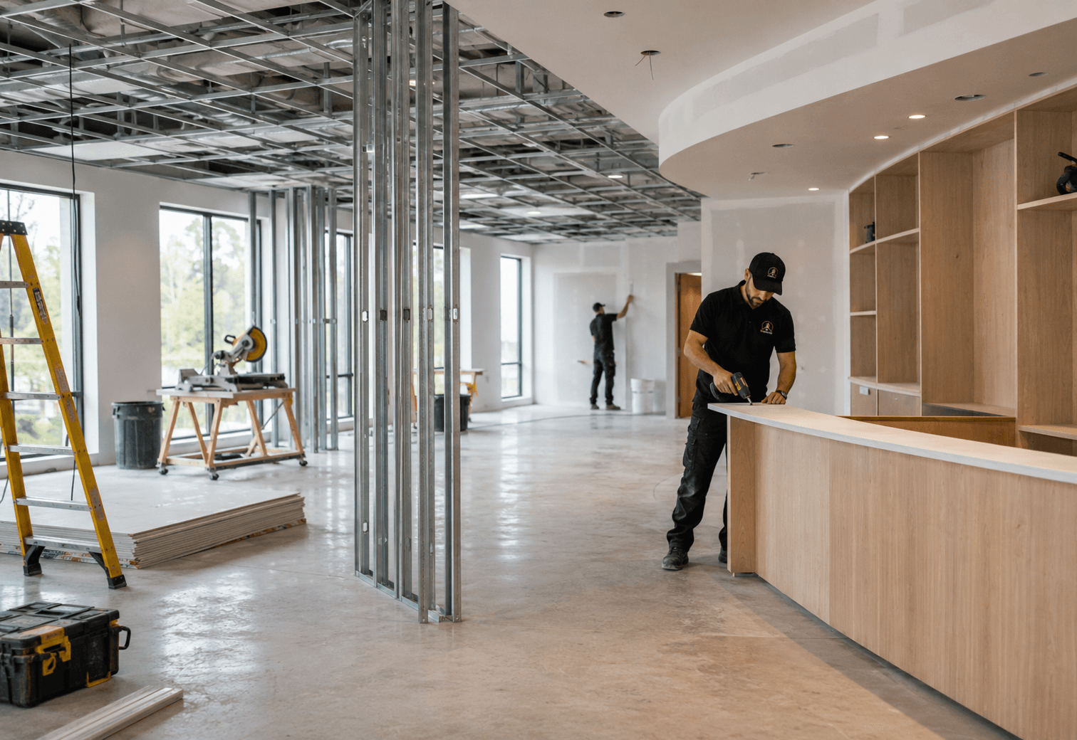 Commercial buildout in progress with SS RENO LTD. worker and organized materials