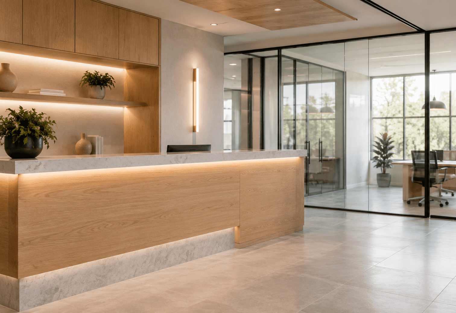 Commercial renovation finish detail with clean materials and warm lighting