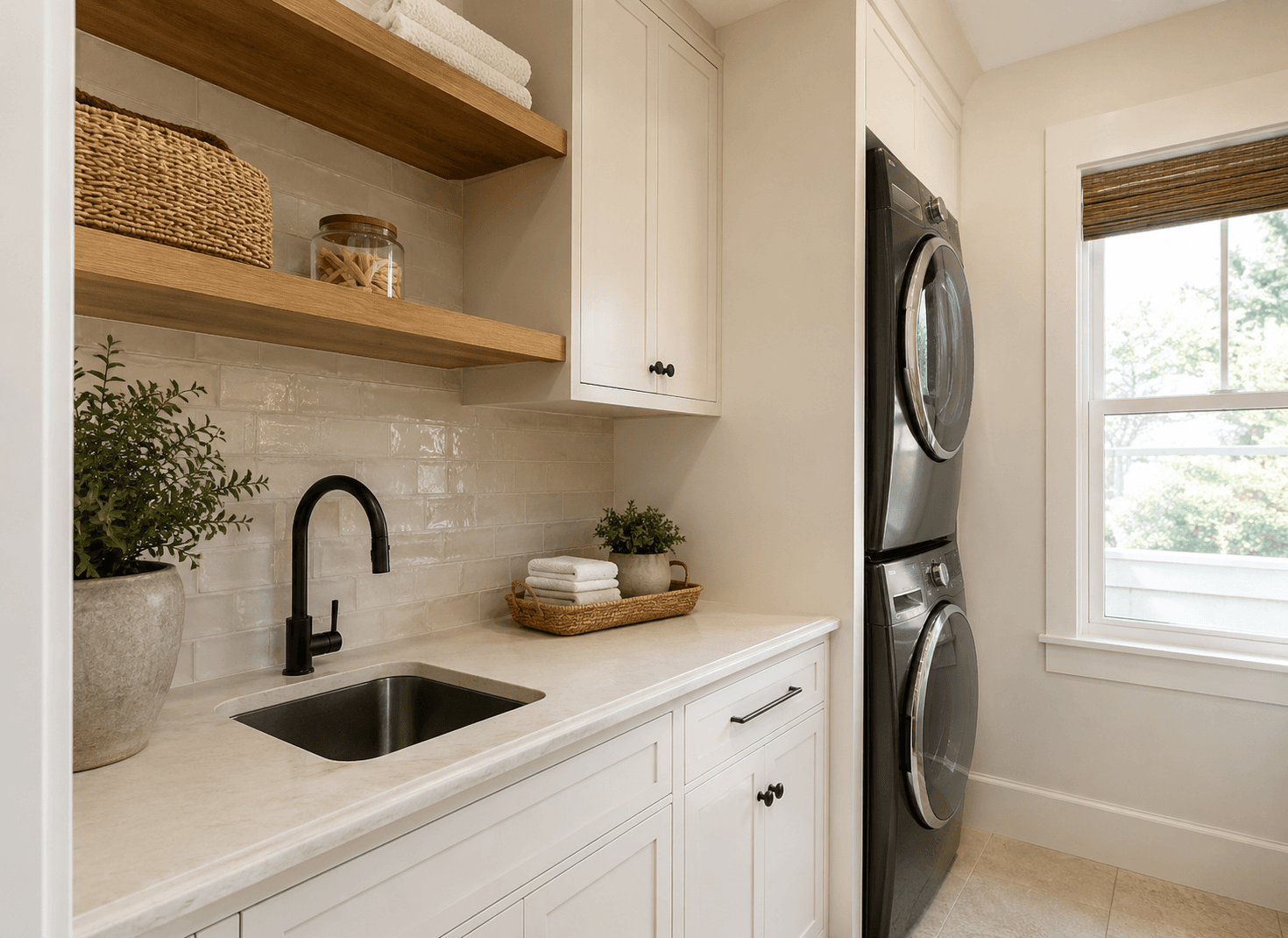 Warm laundry room storage upgrade with open wood shelving, white cabinetry, tile backsplash, and utility sink