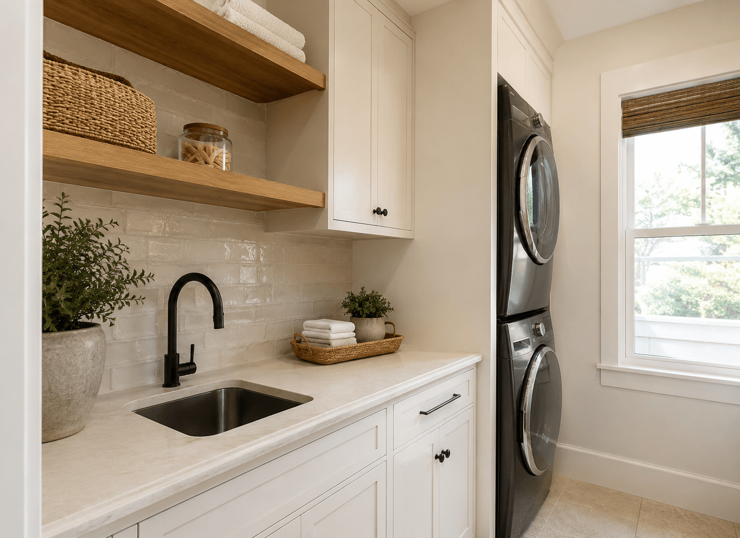 Custom laundry room storage upgrade with open shelving, cabinetry, and utility sink