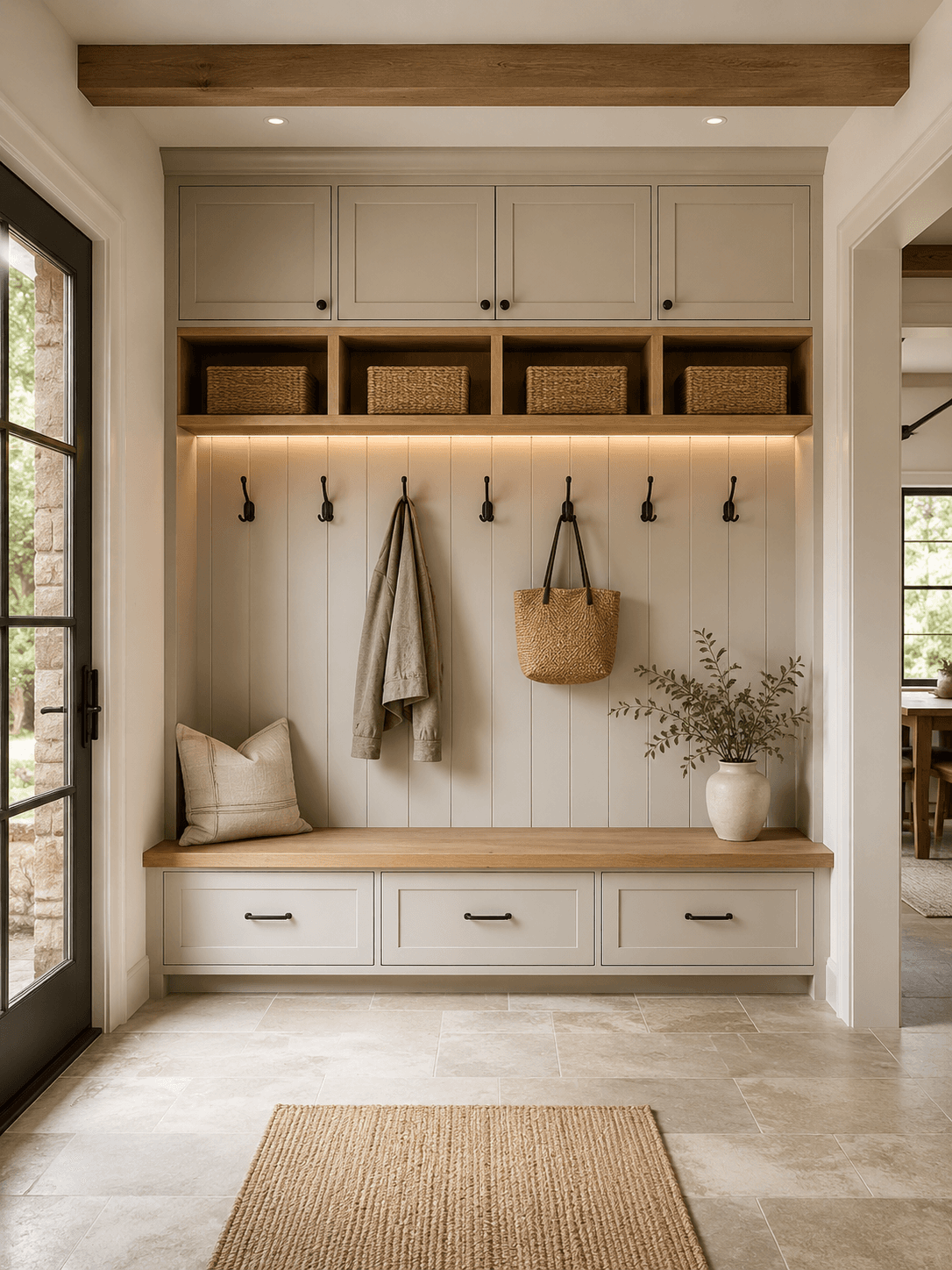 Custom mudroom built-in storage with warm wood bench, clean cabinetry, hooks, and integrated shelf lighting