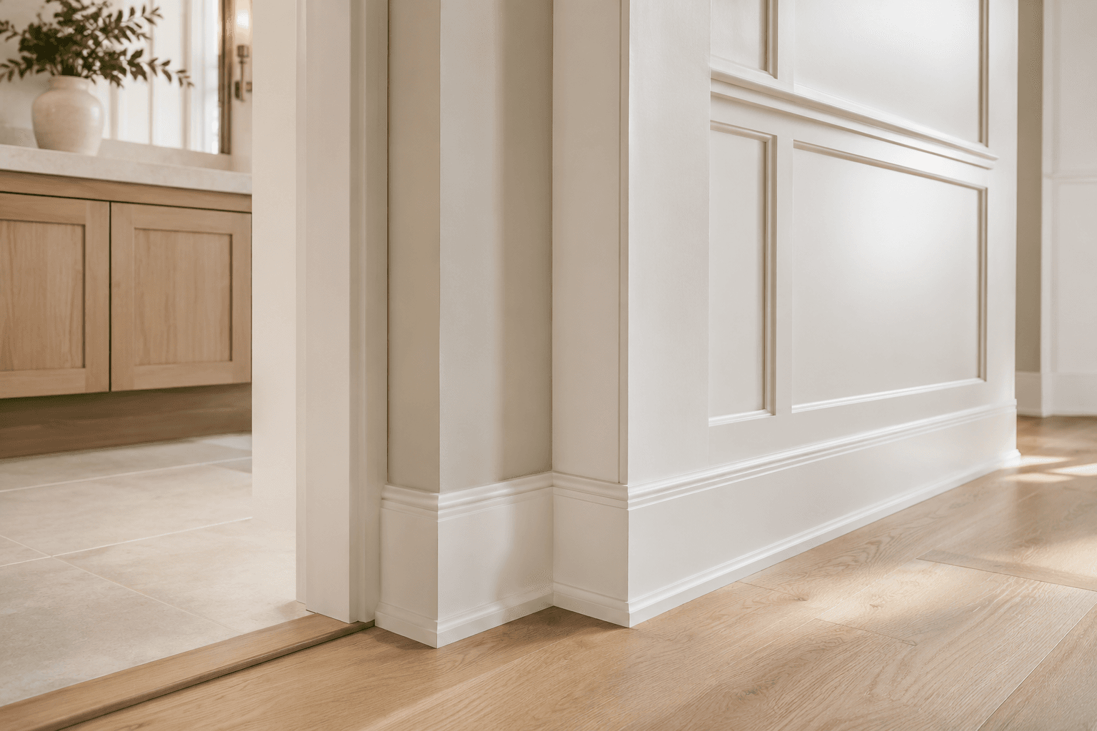 Light interior trim and panel detail with clean casing, baseboard, and warm wood flooring transition