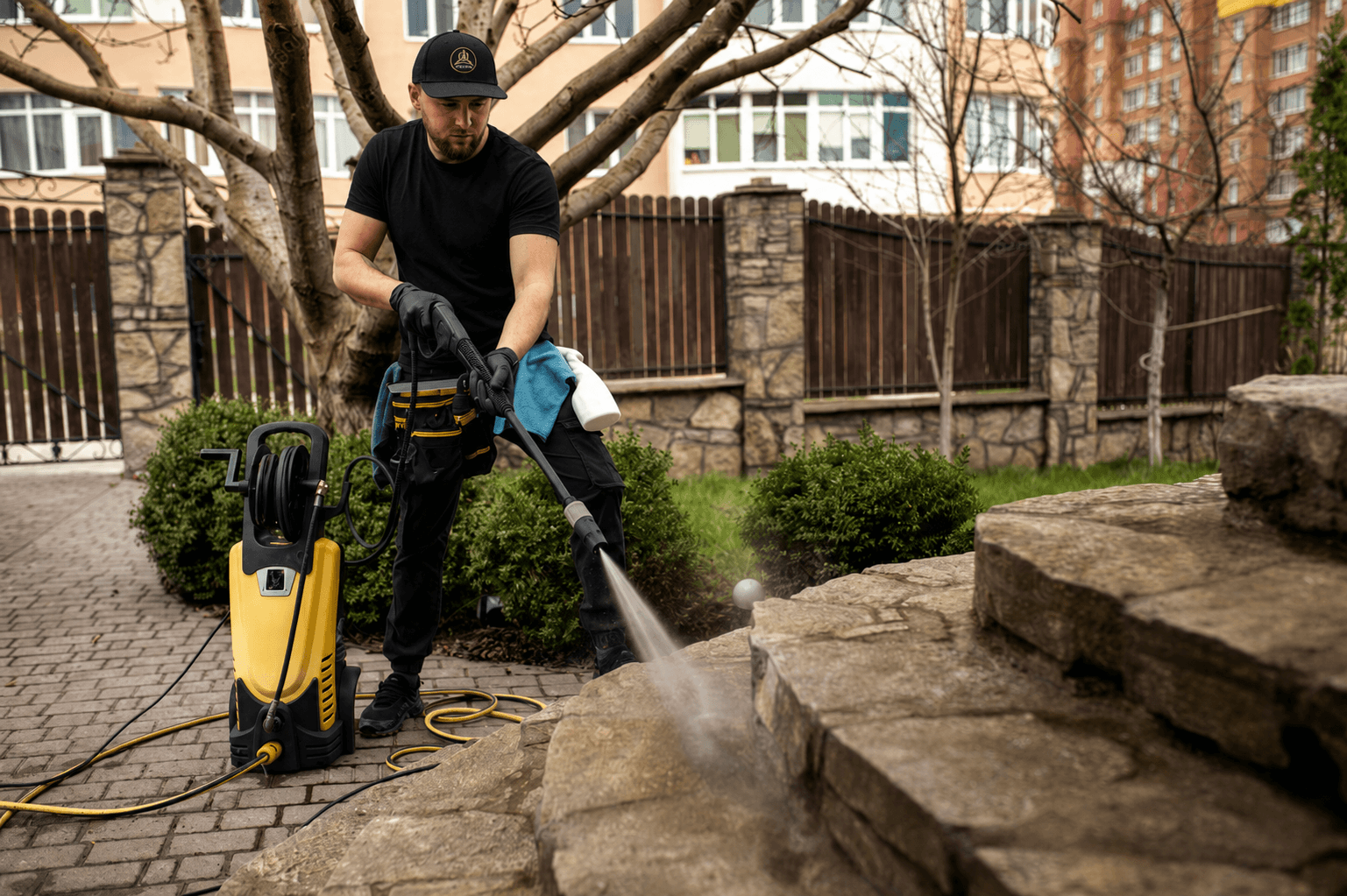 Exterior renovation preparation with power washing and surface cleanup