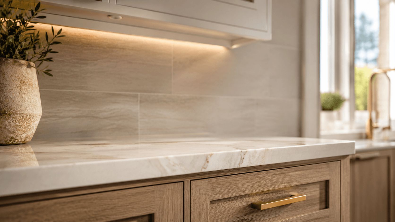 Kitchen countertop and backsplash detail with refined cabinetry and clean material transitions