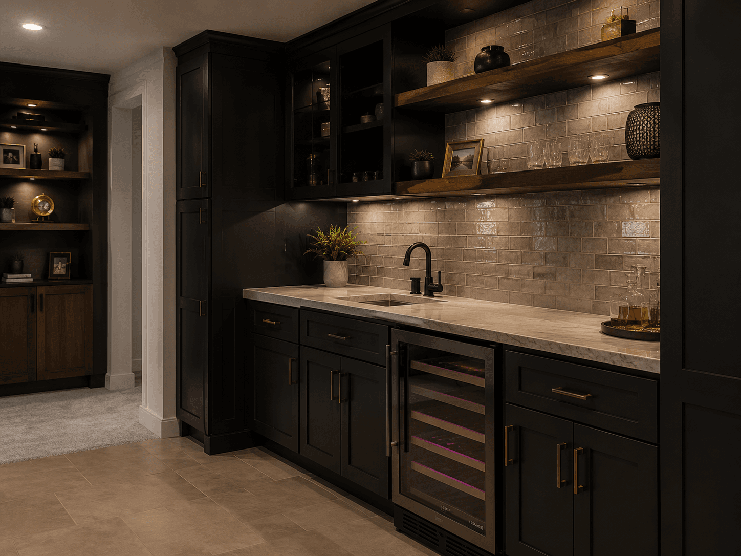 Basement wet bar renovation with built-in storage, dark cabinetry, and warm shelf lighting