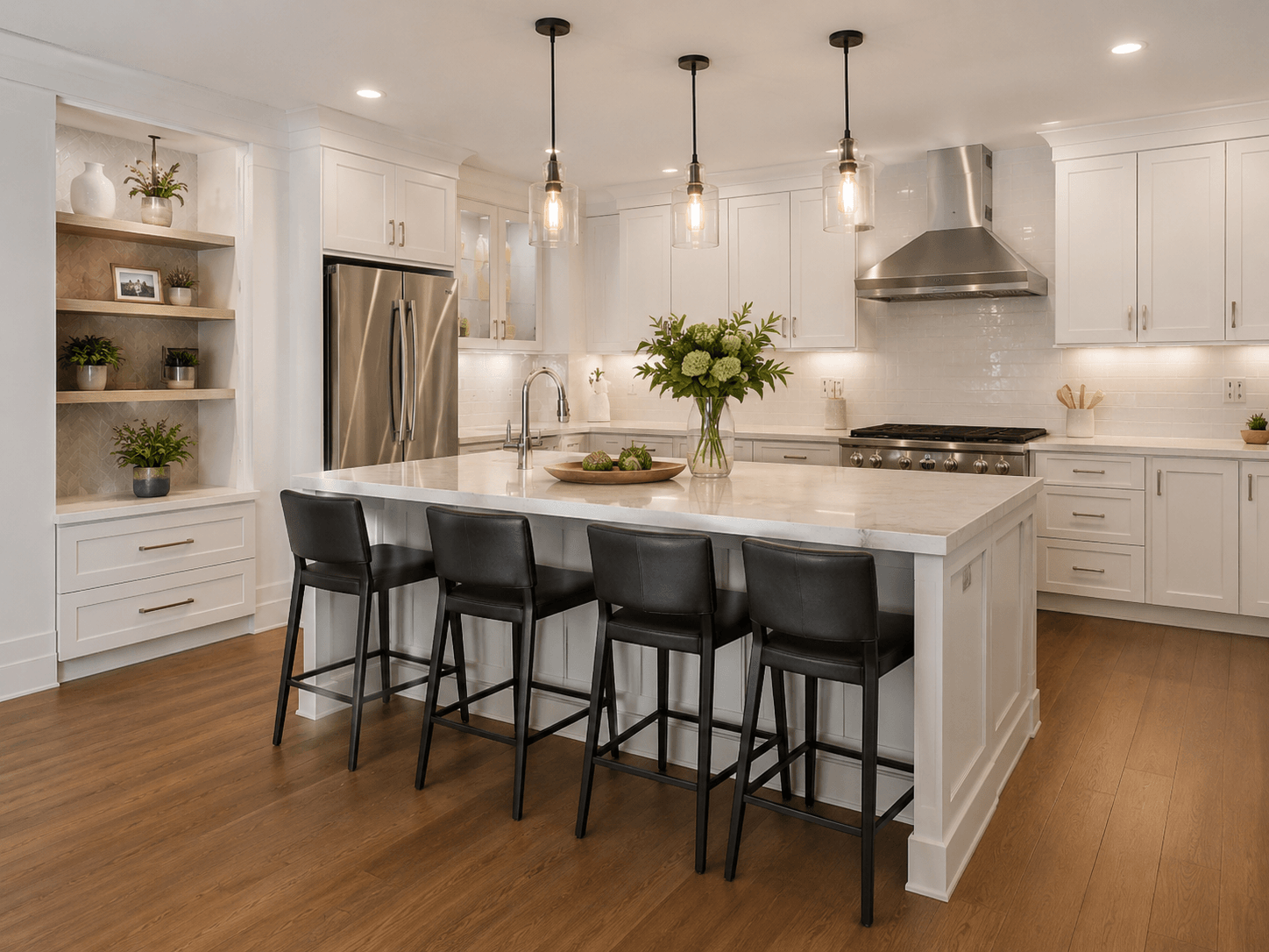 Bright finished kitchen renovation with a large island, white cabinetry, and pendant lighting